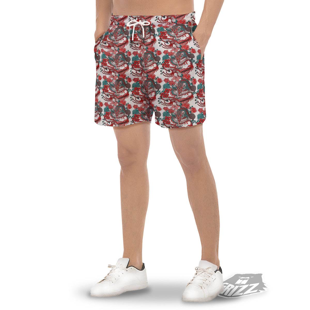Flower And Chinese Dragon Print Pattern Men's Gym Shorts-grizzshop