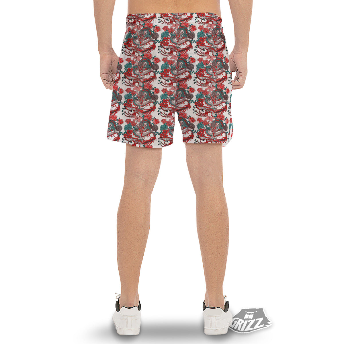 Flower And Chinese Dragon Print Pattern Men's Gym Shorts-grizzshop
