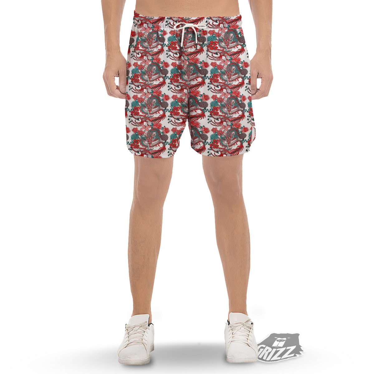 Flower And Chinese Dragon Print Pattern Men's Gym Shorts-grizzshop
