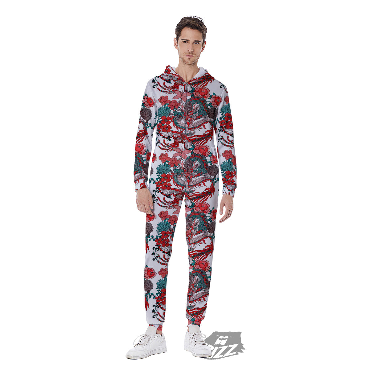 Flower And Chinese Dragon Print Pattern Men's Jumpsuit-grizzshop