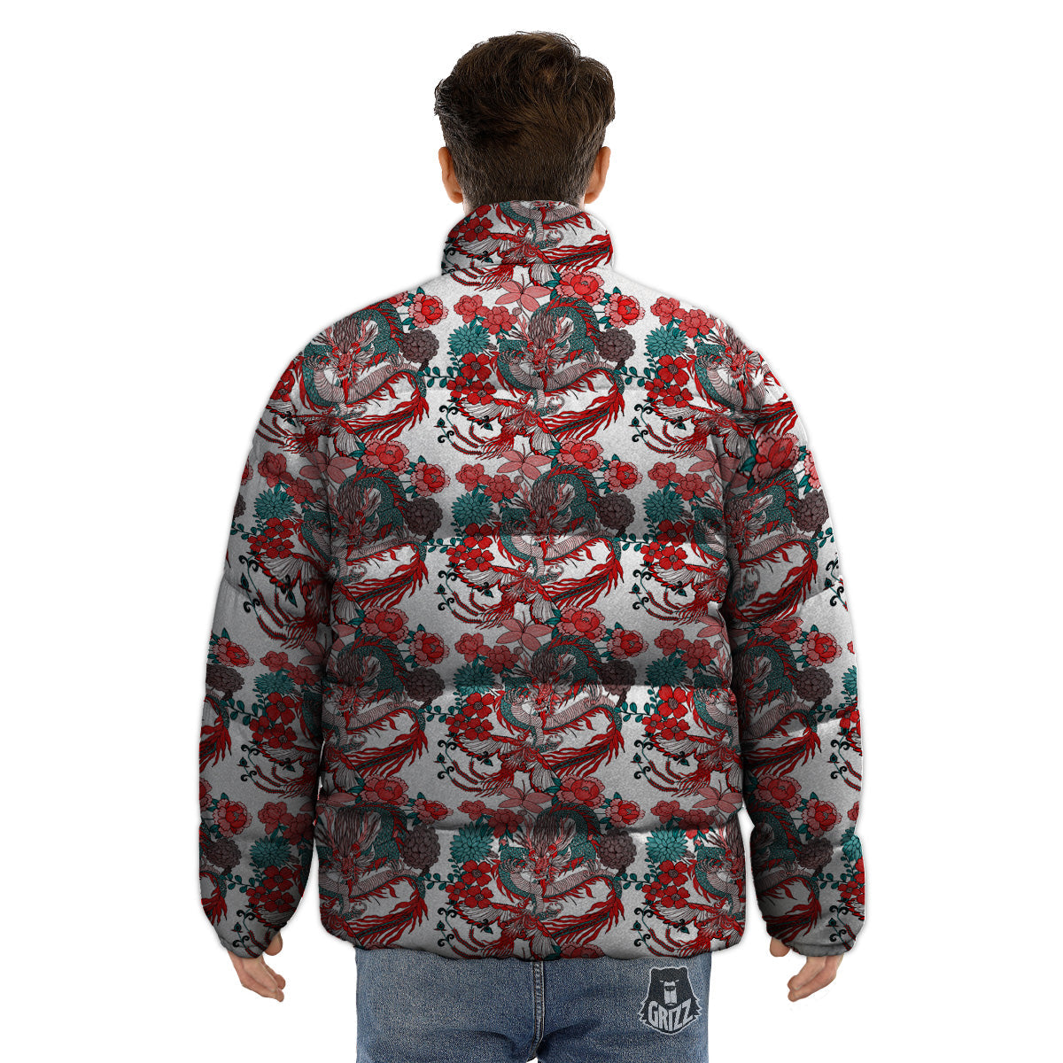 Flower And Chinese Dragon Print Pattern Puffer Jacket-grizzshop