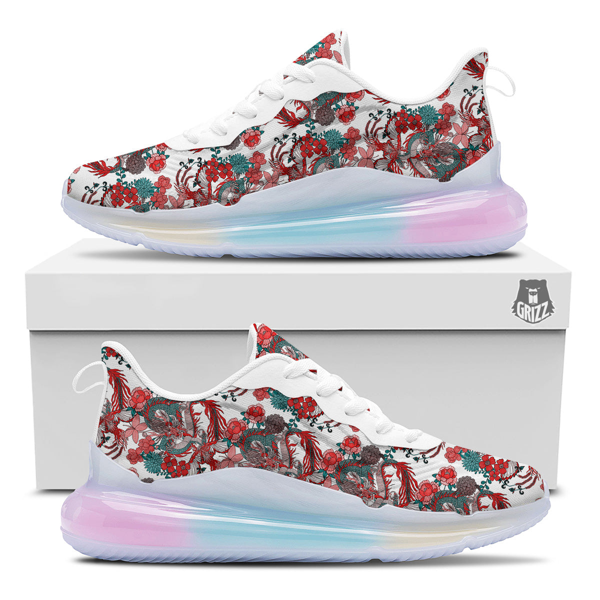 Flower And Chinese Dragon Print Pattern Running Sneakers-grizzshop
