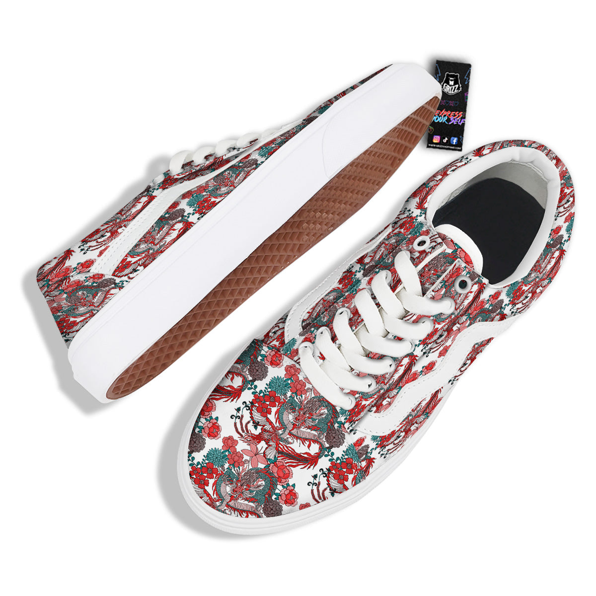 Flower And Chinese Dragon Print Pattern Skate Shoes-grizzshop