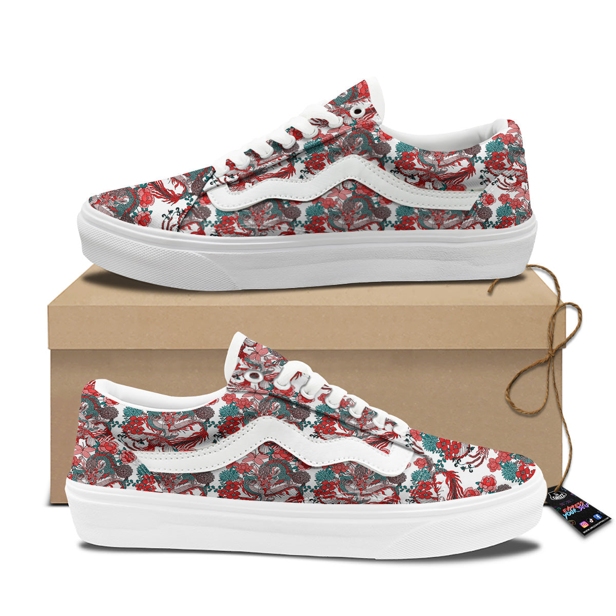 Flower And Chinese Dragon Print Pattern Skate Shoes-grizzshop