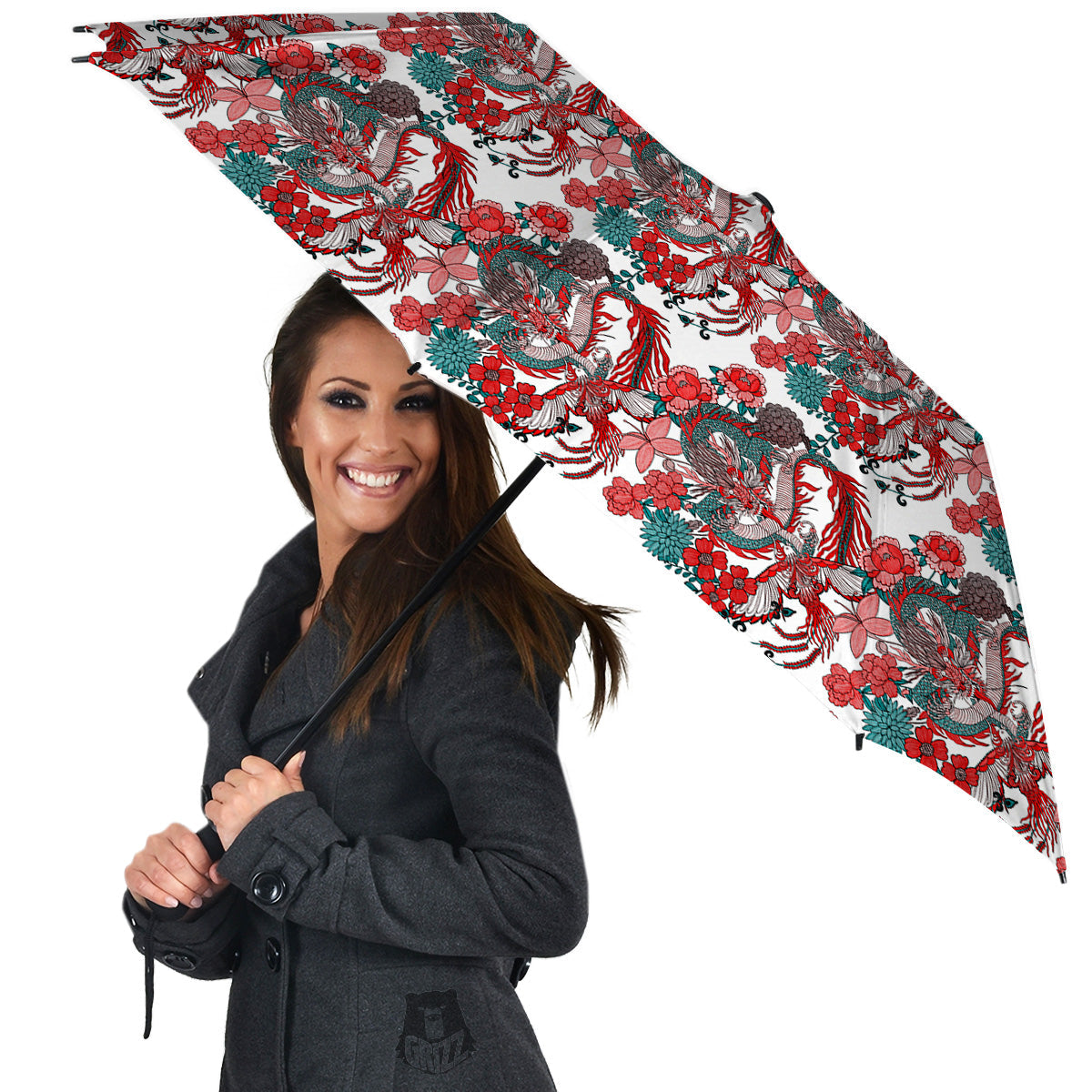 Flower And Chinese Dragon Print Pattern Umbrella-grizzshop