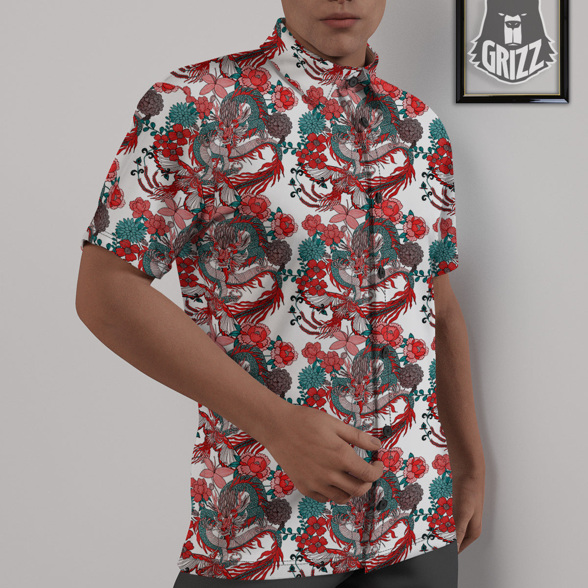 Flower And Chinese Dragon Print Pattern Untucked Shirts-grizzshop