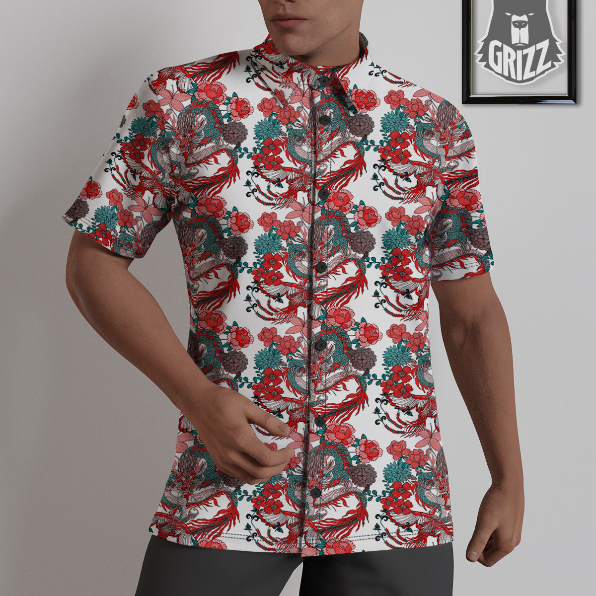 Flower And Chinese Dragon Print Pattern Untucked Shirts-grizzshop