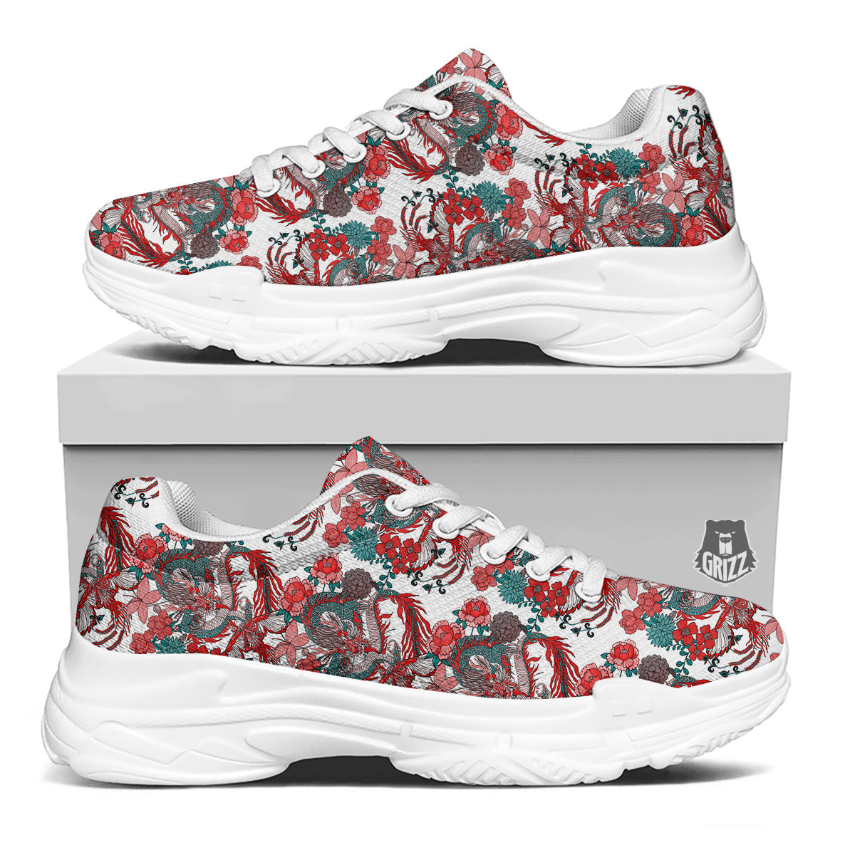 Flower And Chinese Dragon Print Pattern White Chunky Shoes-grizzshop