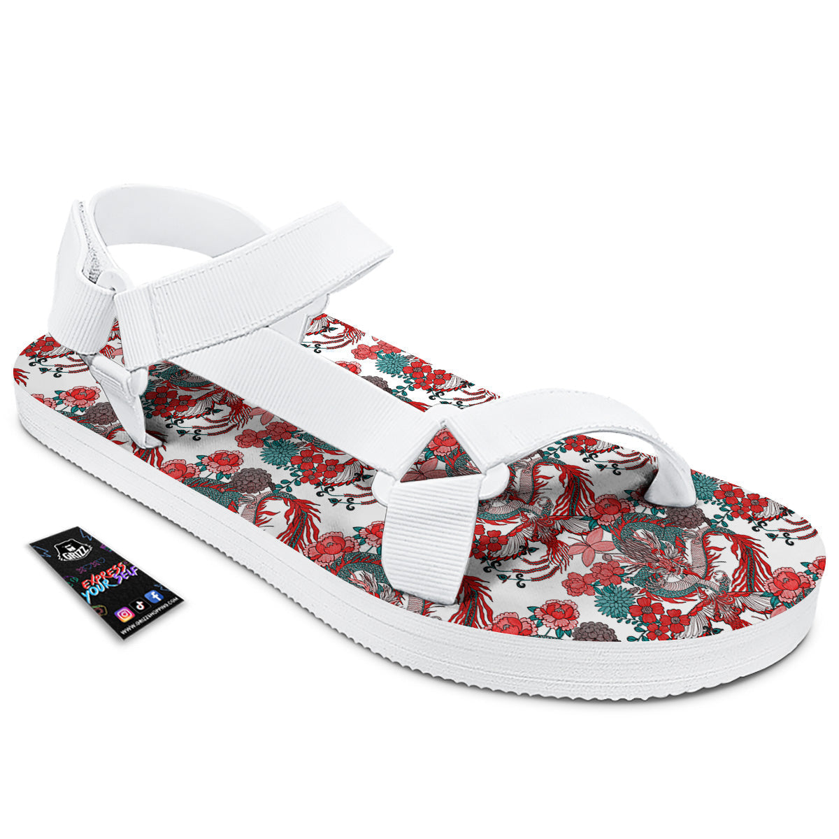 Flower And Chinese Dragon Print Pattern White Open Toe Sandals-grizzshop