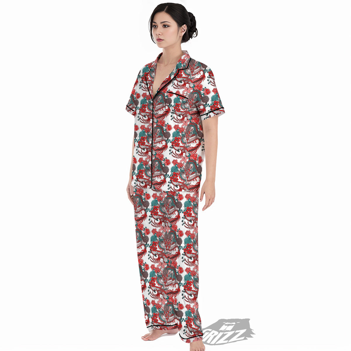 Flower And Chinese Dragon Print Pattern Women's Pajamas Set-grizzshop