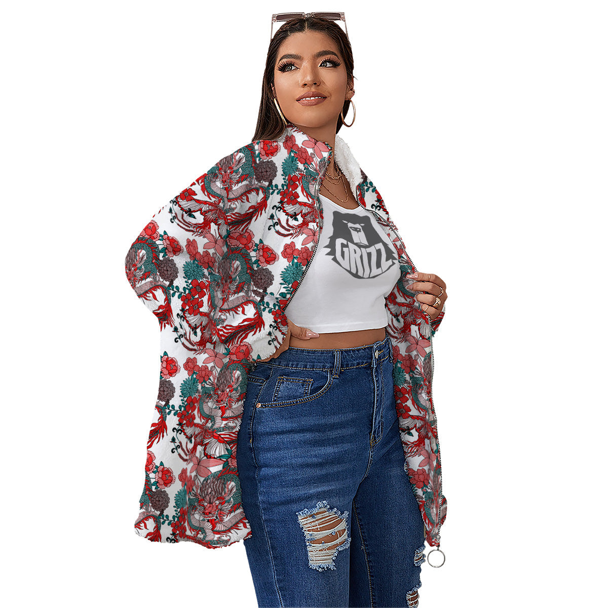 Flower And Chinese Dragon Print Pattern Women's Sherpa Jacket-grizzshop