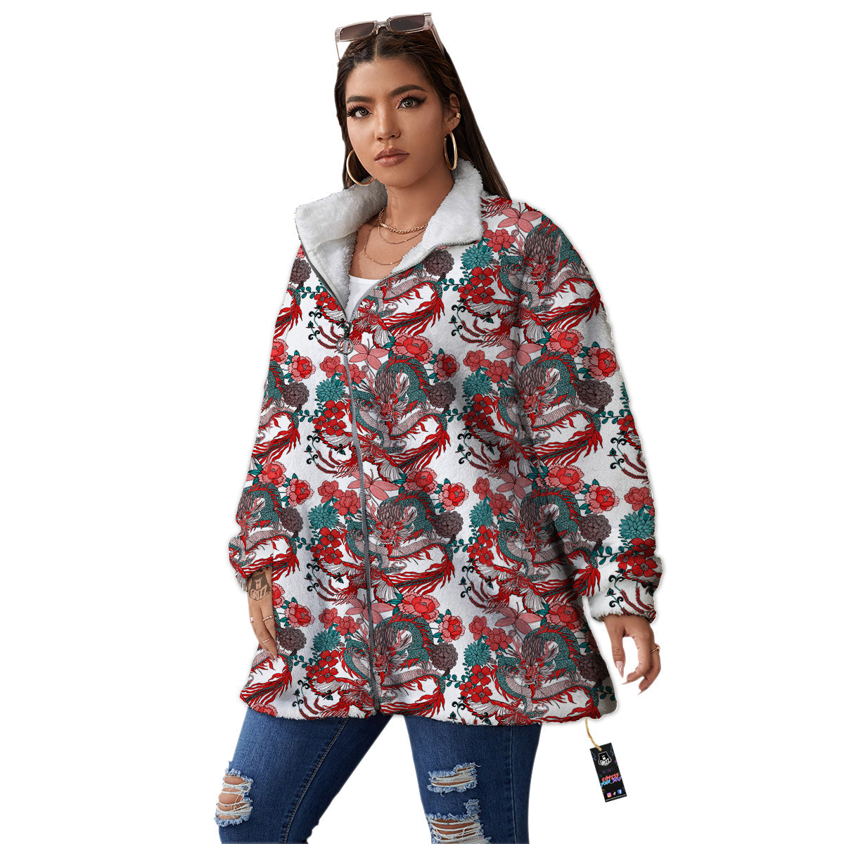 Flower And Chinese Dragon Print Pattern Women's Sherpa Jacket-grizzshop