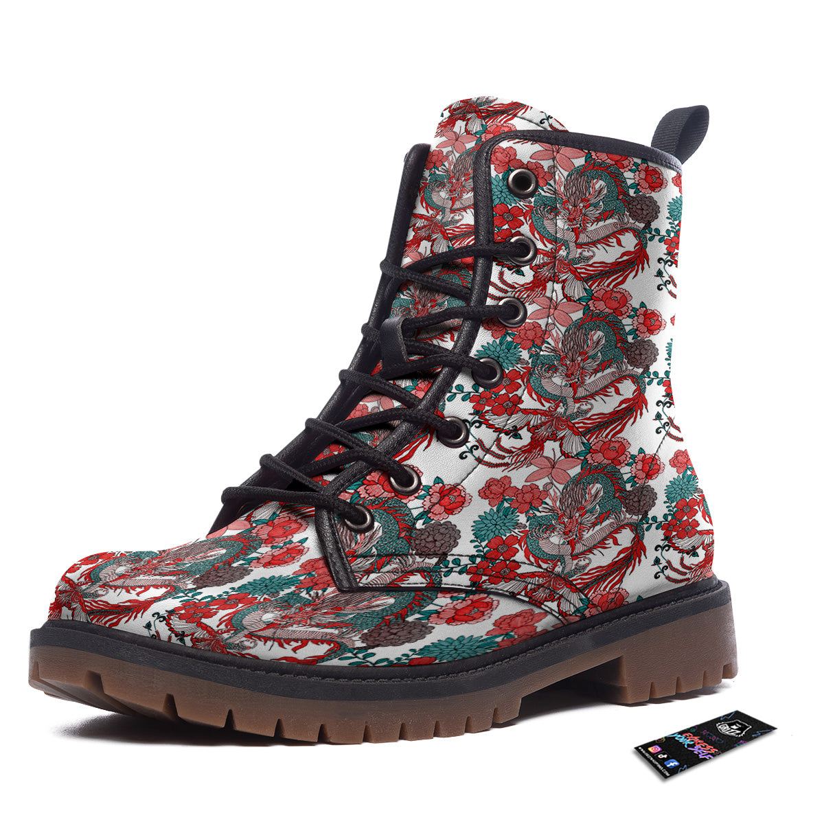 Flower And Chinese Dragon Print Pattern Work Boots-grizzshop