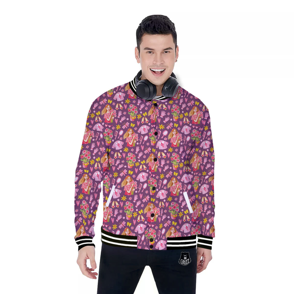 Flower And Girly Print Pattern Baseball Jacket-grizzshop