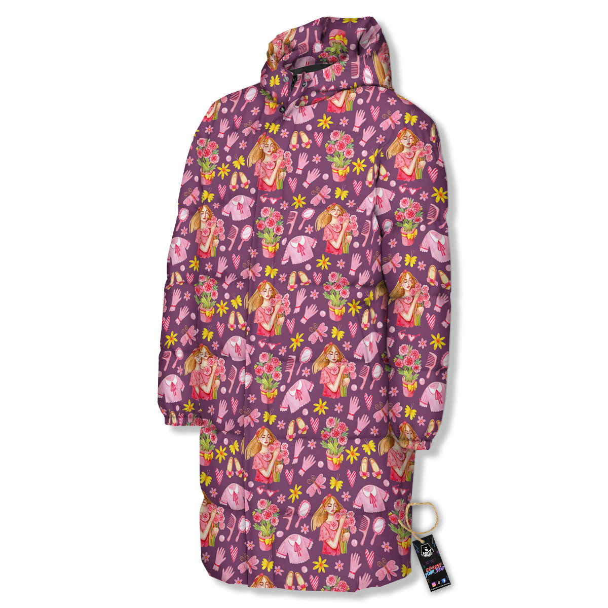 Flower And Girly Print Pattern Long Down Jacket-grizzshop