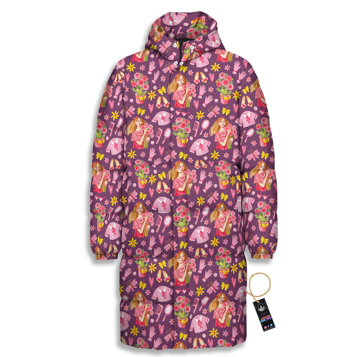 Flower And Girly Print Pattern Long Down Jacket-grizzshop