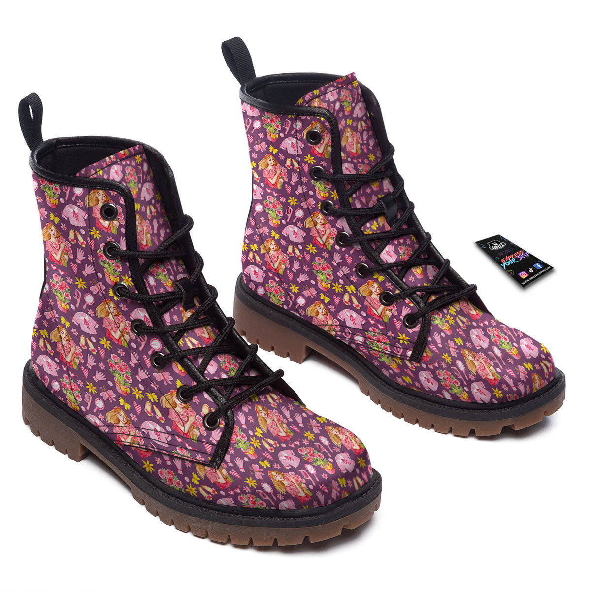 Flower And Girly Print Pattern Work Boots-grizzshop