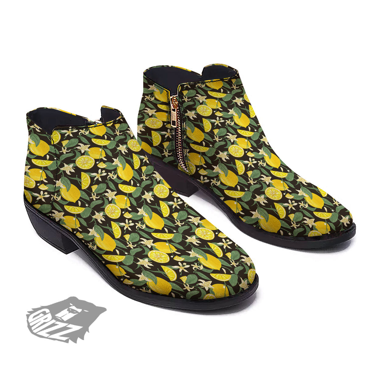 Flower And Lemon Print Pattern Ankle Boots-grizzshop
