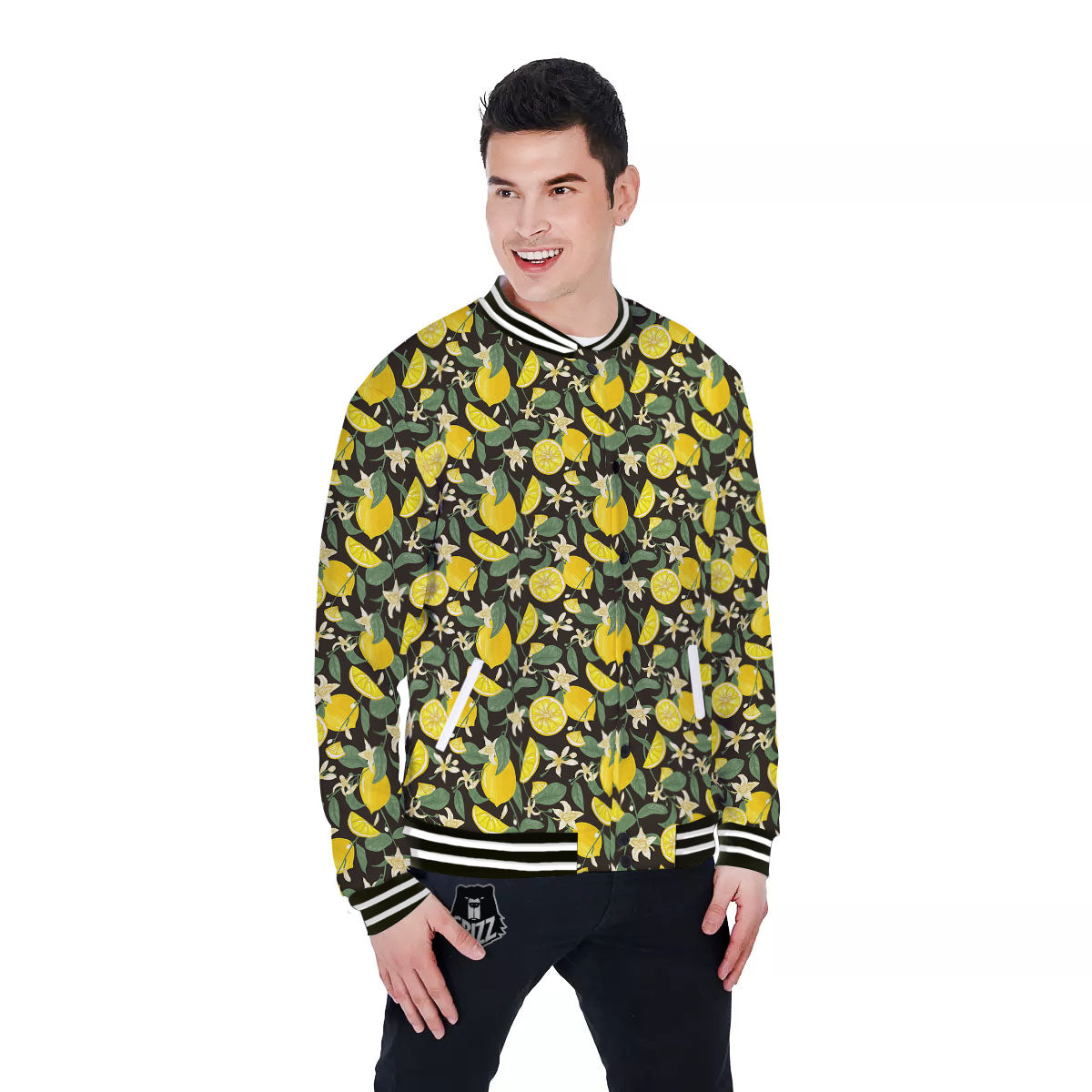 Flower And Lemon Print Pattern Baseball Jacket-grizzshop