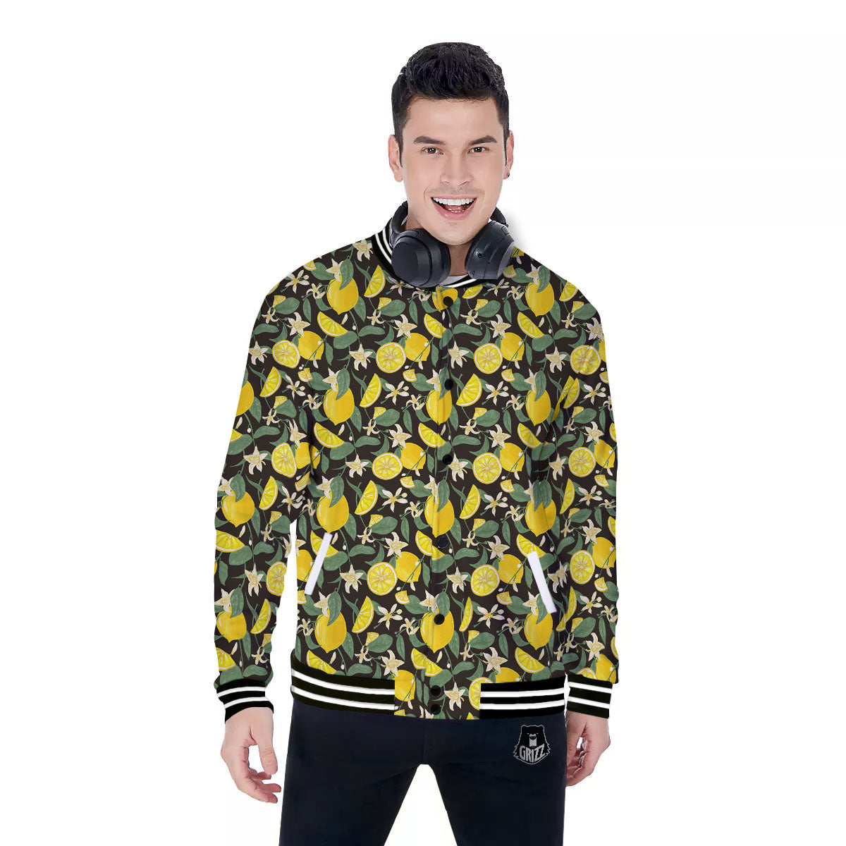Flower And Lemon Print Pattern Baseball Jacket-grizzshop