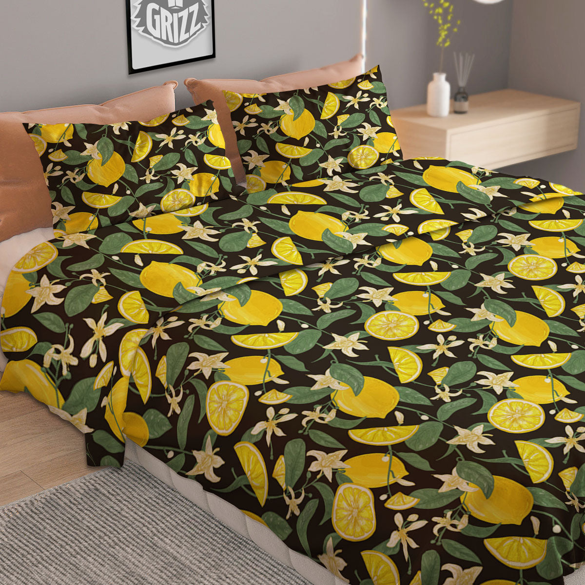 Flower And Lemon Print Pattern Duvet Cover Bedding Set-grizzshop
