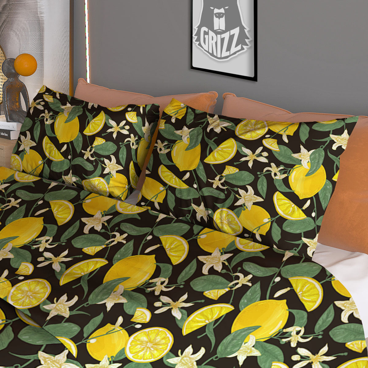 Flower And Lemon Print Pattern Duvet Cover Bedding Set-grizzshop