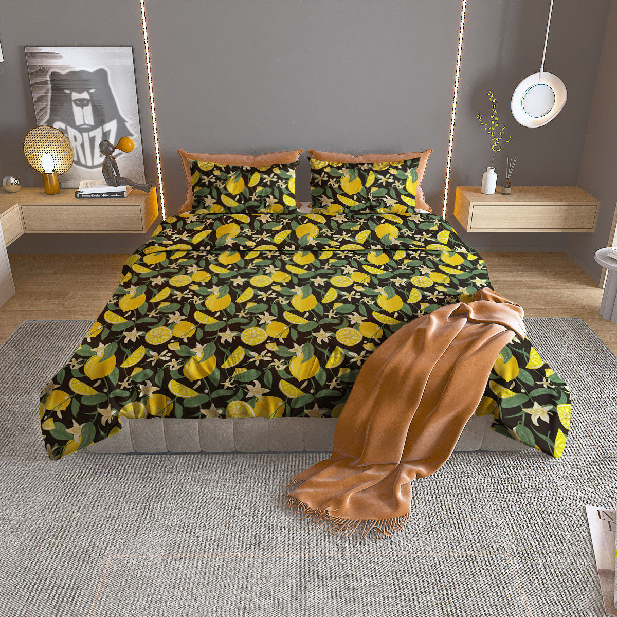 Flower And Lemon Print Pattern Duvet Cover Bedding Set-grizzshop