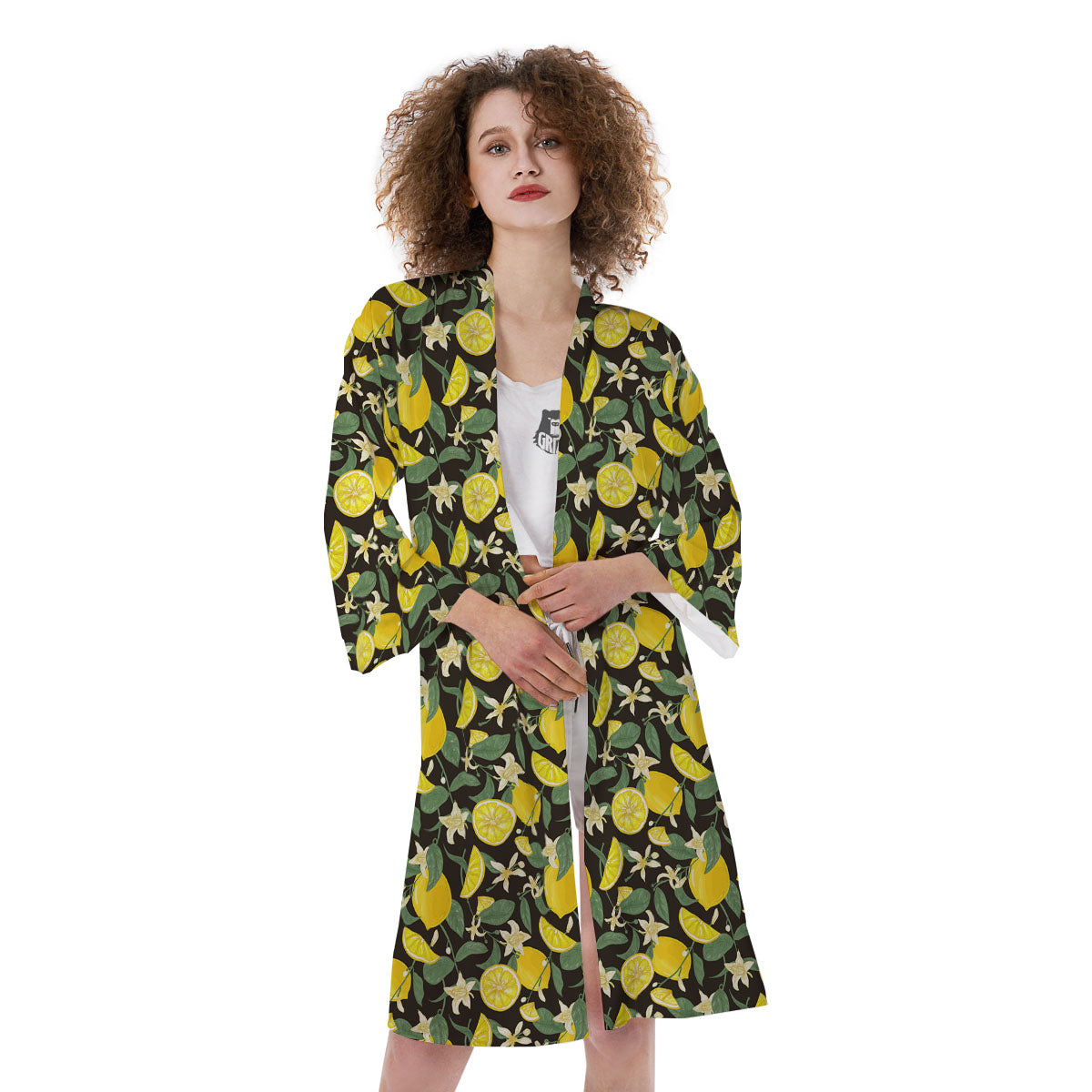 Flower And Lemon Print Pattern Kimono-grizzshop