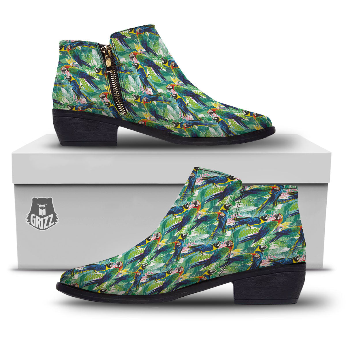 Flower And Parrot Print Pattern Ankle Boots-grizzshop