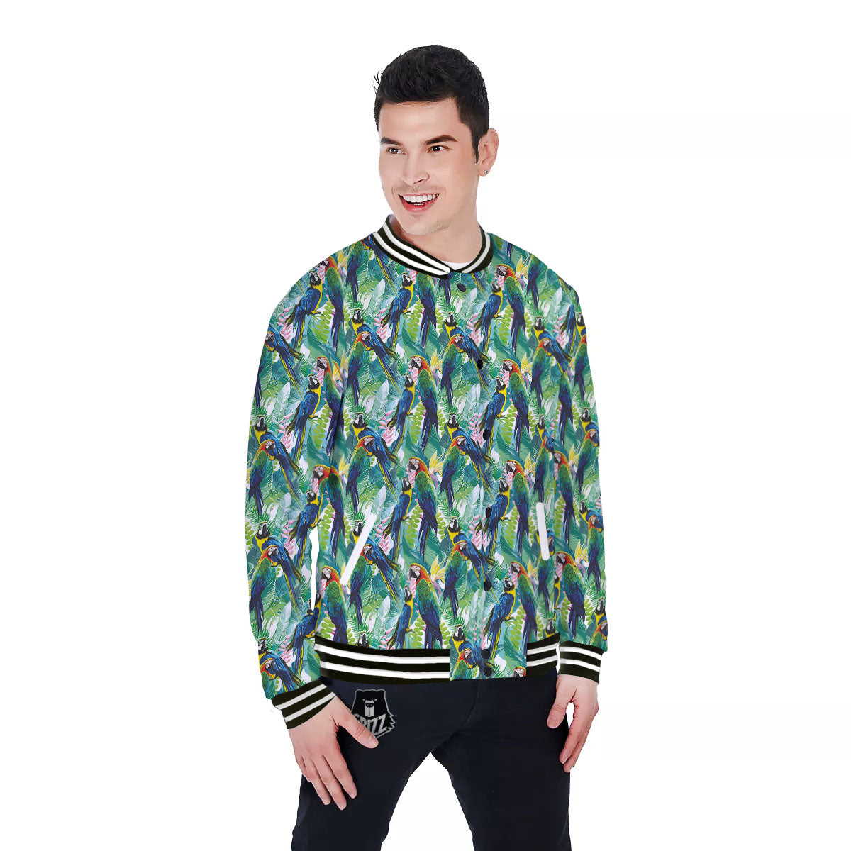 Flower And Parrot Print Pattern Baseball Jacket-grizzshop