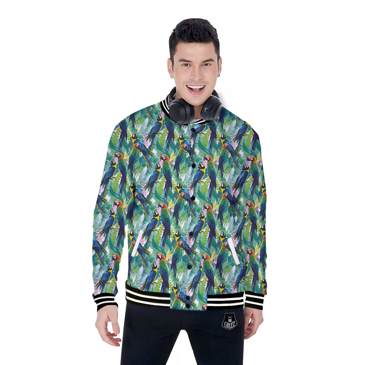 Flower And Parrot Print Pattern Baseball Jacket-grizzshop