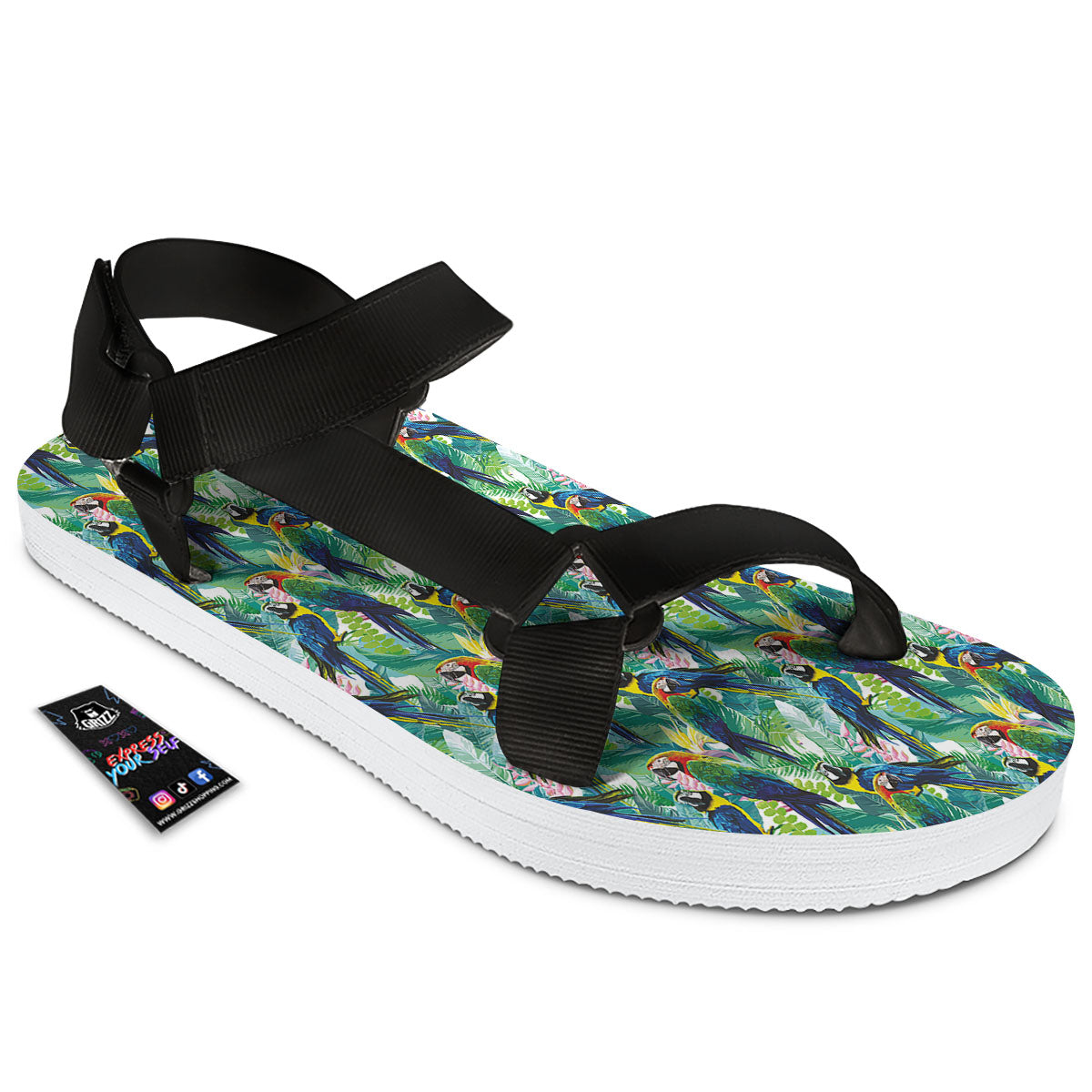 Flower And Parrot Print Pattern Black Open Toe Sandals-grizzshop