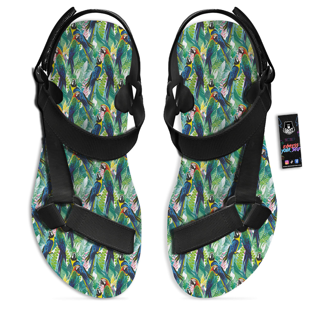 Flower And Parrot Print Pattern Black Open Toe Sandals-grizzshop