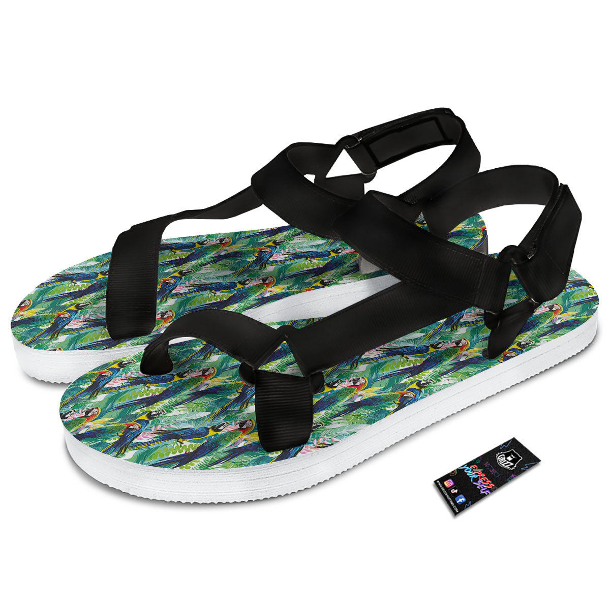 Flower And Parrot Print Pattern Black Open Toe Sandals-grizzshop