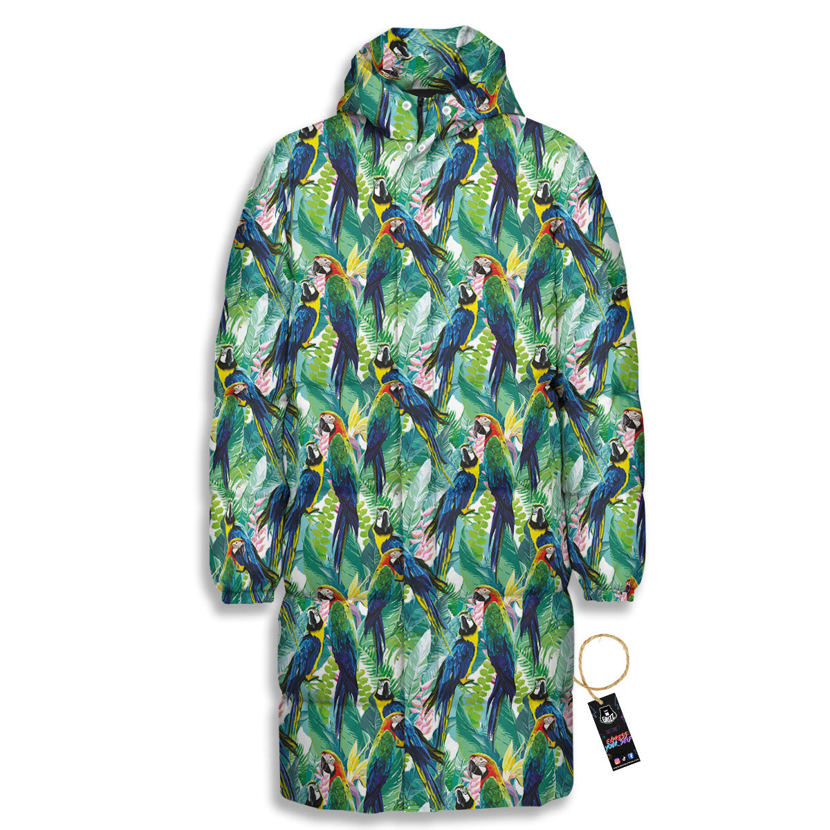 Flower And Parrot Print Pattern Long Down Jacket-grizzshop