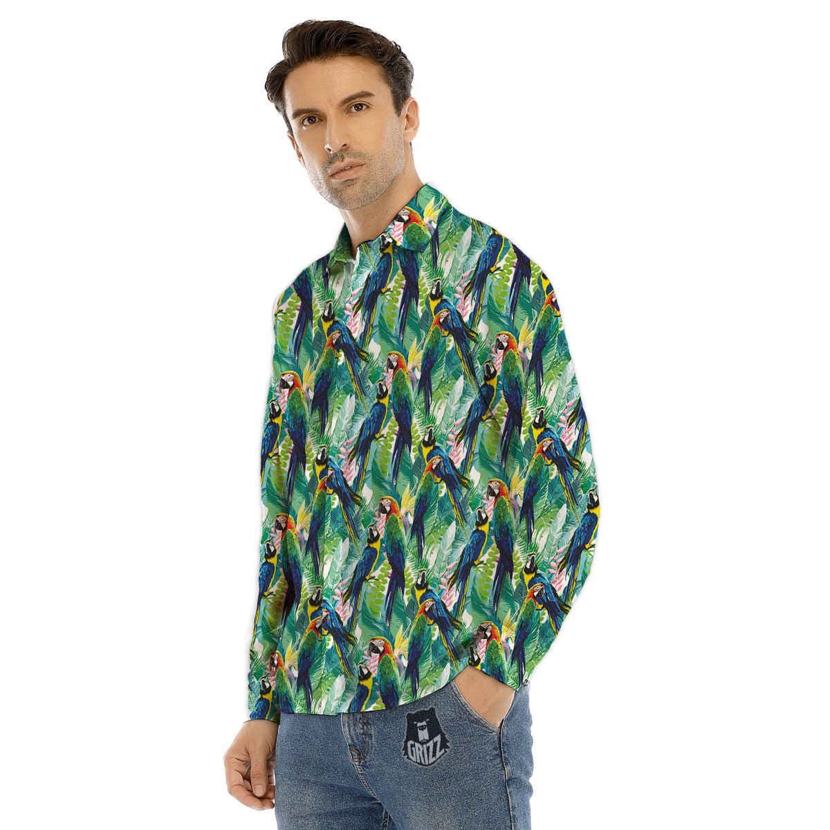 Flower And Parrot Print Pattern Men's Dress Shirts-grizzshop