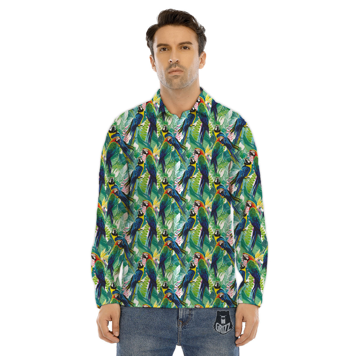 Flower And Parrot Print Pattern Men's Dress Shirts-grizzshop