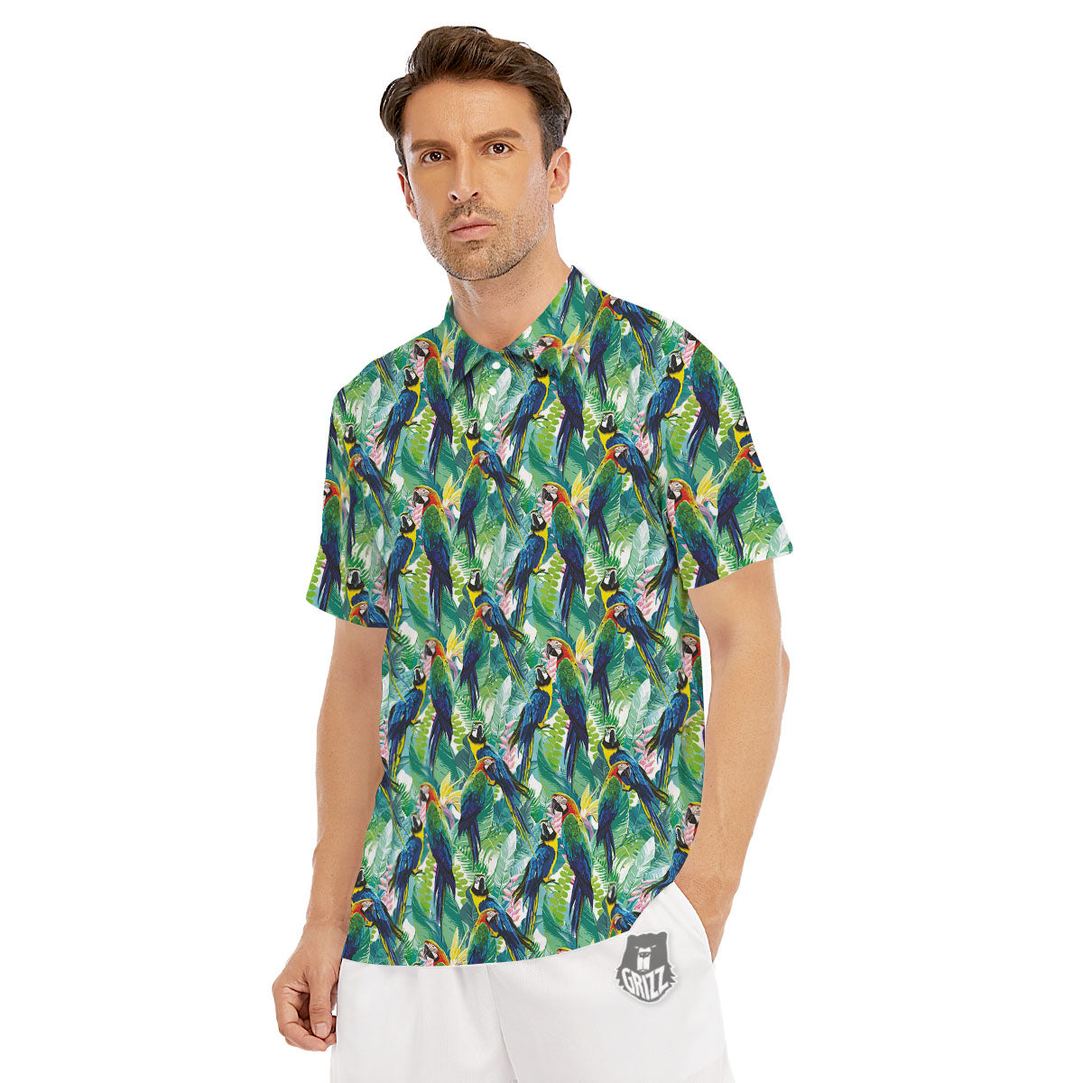 Flower And Parrot Print Pattern Men's Golf Shirts-grizzshop