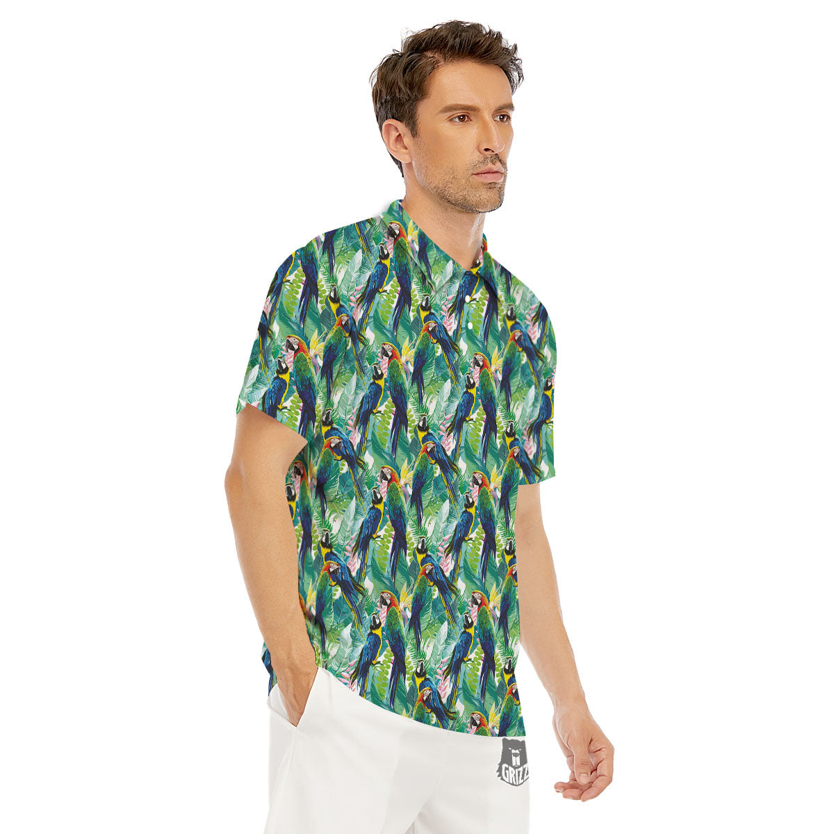 Flower And Parrot Print Pattern Men's Golf Shirts-grizzshop