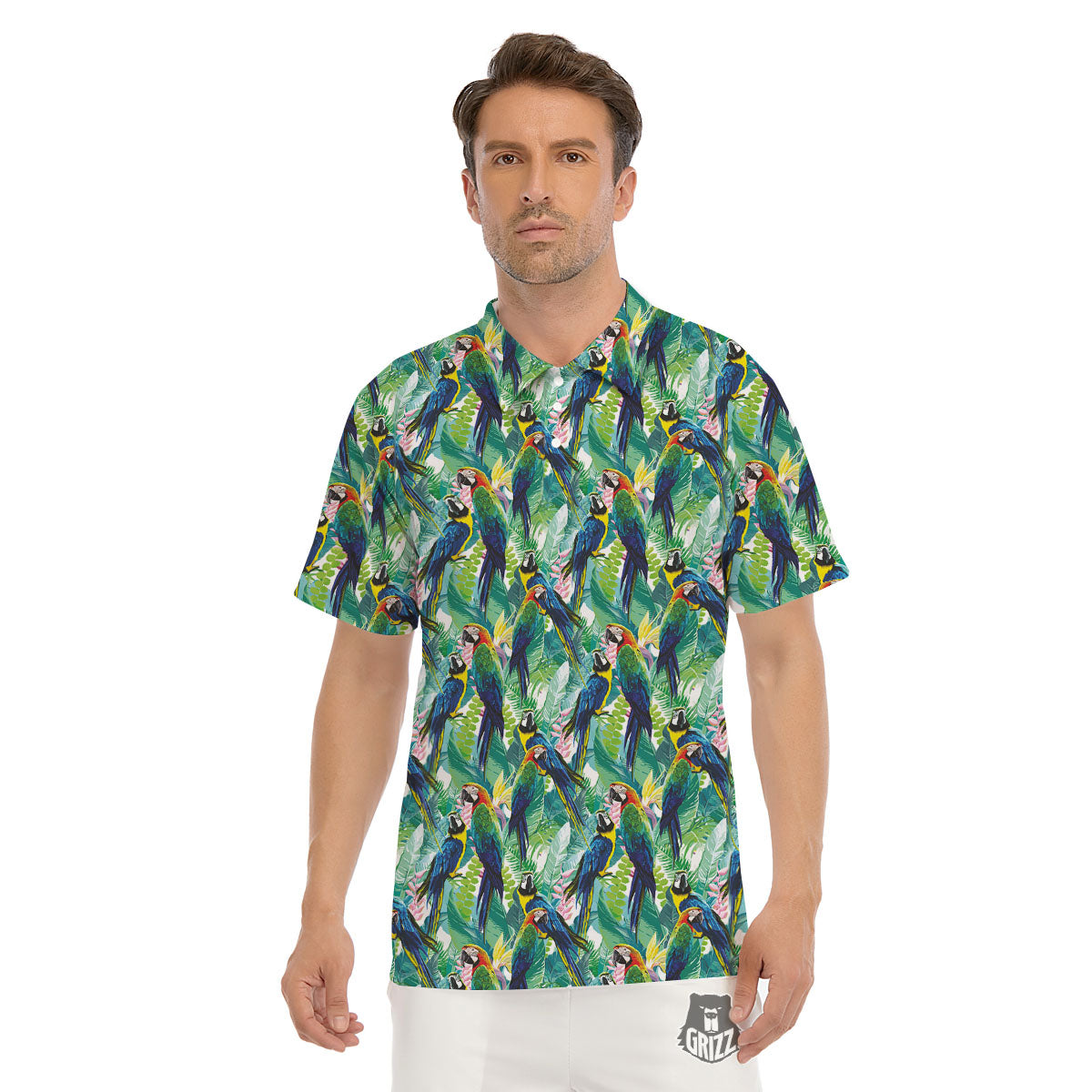 Flower And Parrot Print Pattern Men's Golf Shirts-grizzshop