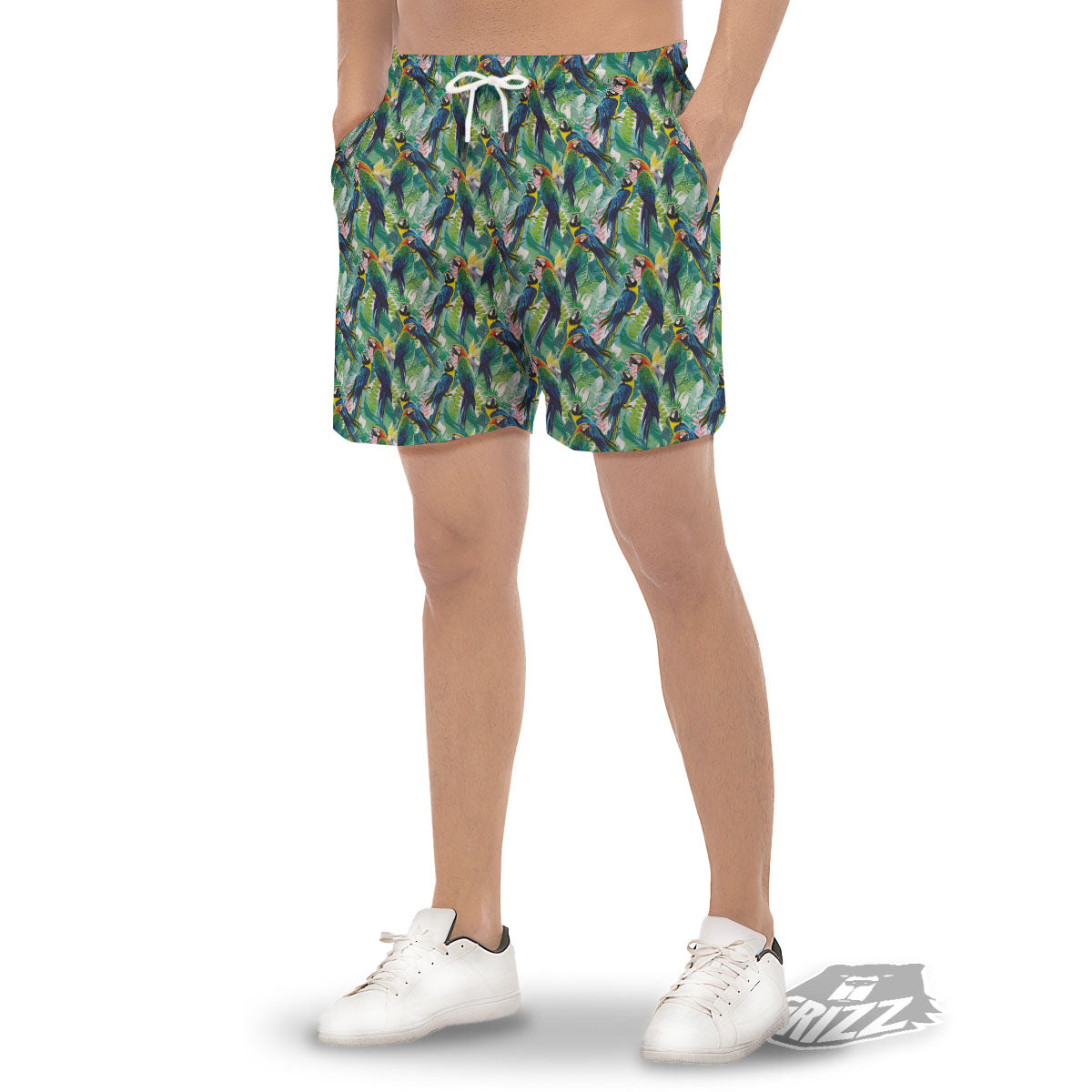 Flower And Parrot Print Pattern Men's Gym Shorts-grizzshop