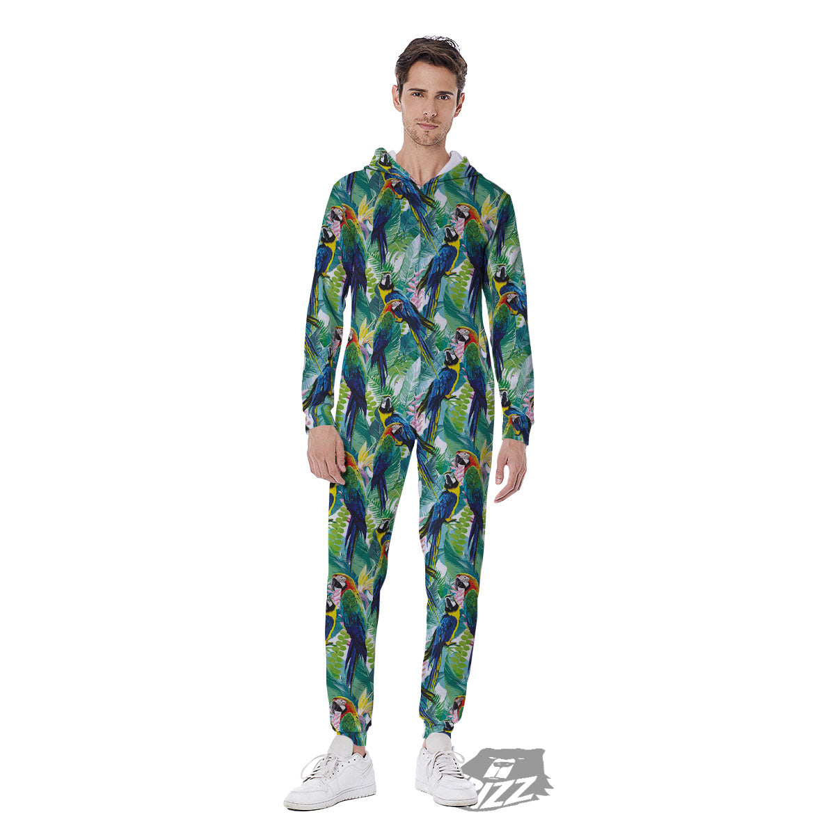 Flower And Parrot Print Pattern Men's Jumpsuit-grizzshop