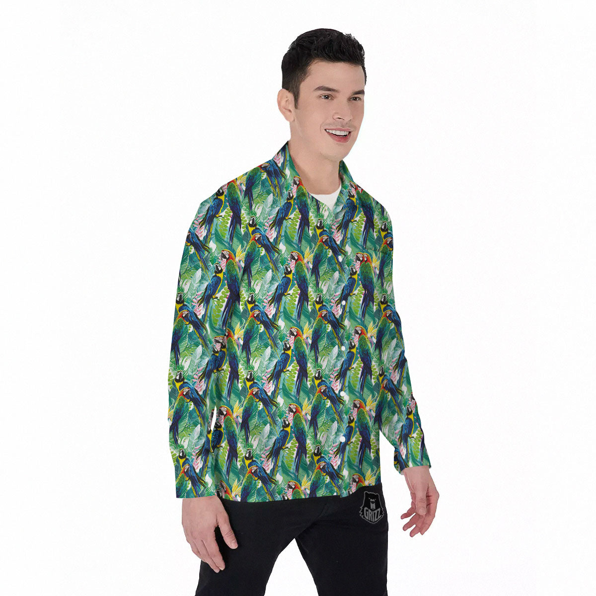 Flower And Parrot Print Pattern Men's Long Sleeve Shirts-grizzshop