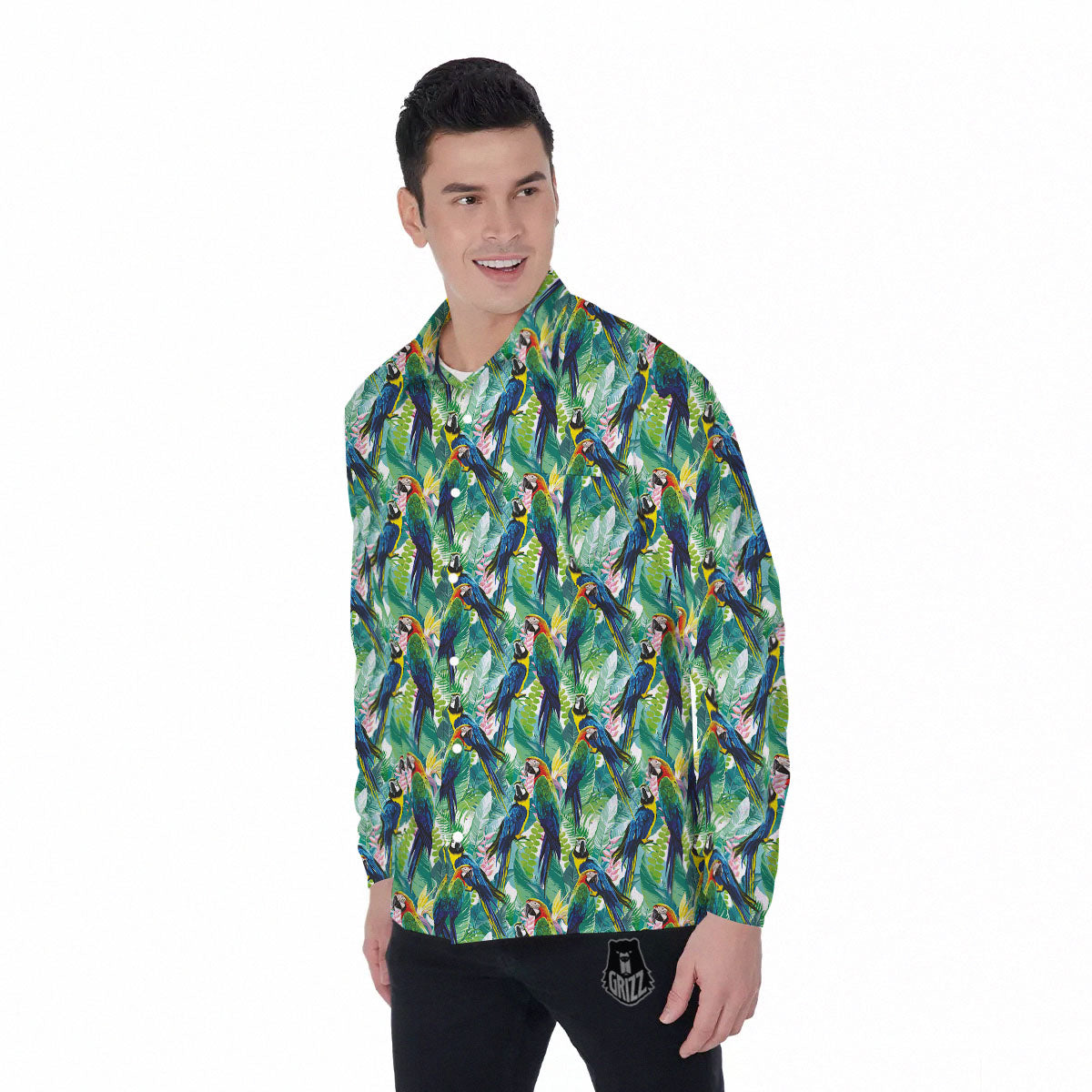 Flower And Parrot Print Pattern Men's Long Sleeve Shirts-grizzshop