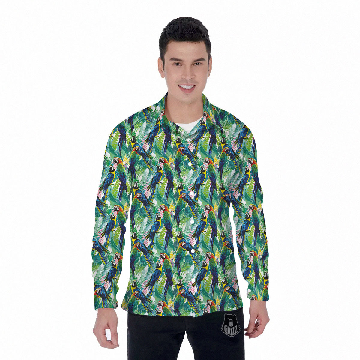 Flower And Parrot Print Pattern Men's Long Sleeve Shirts-grizzshop