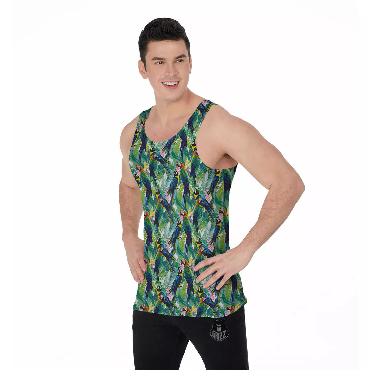 Flower And Parrot Print Pattern Men's Tank Top-grizzshop