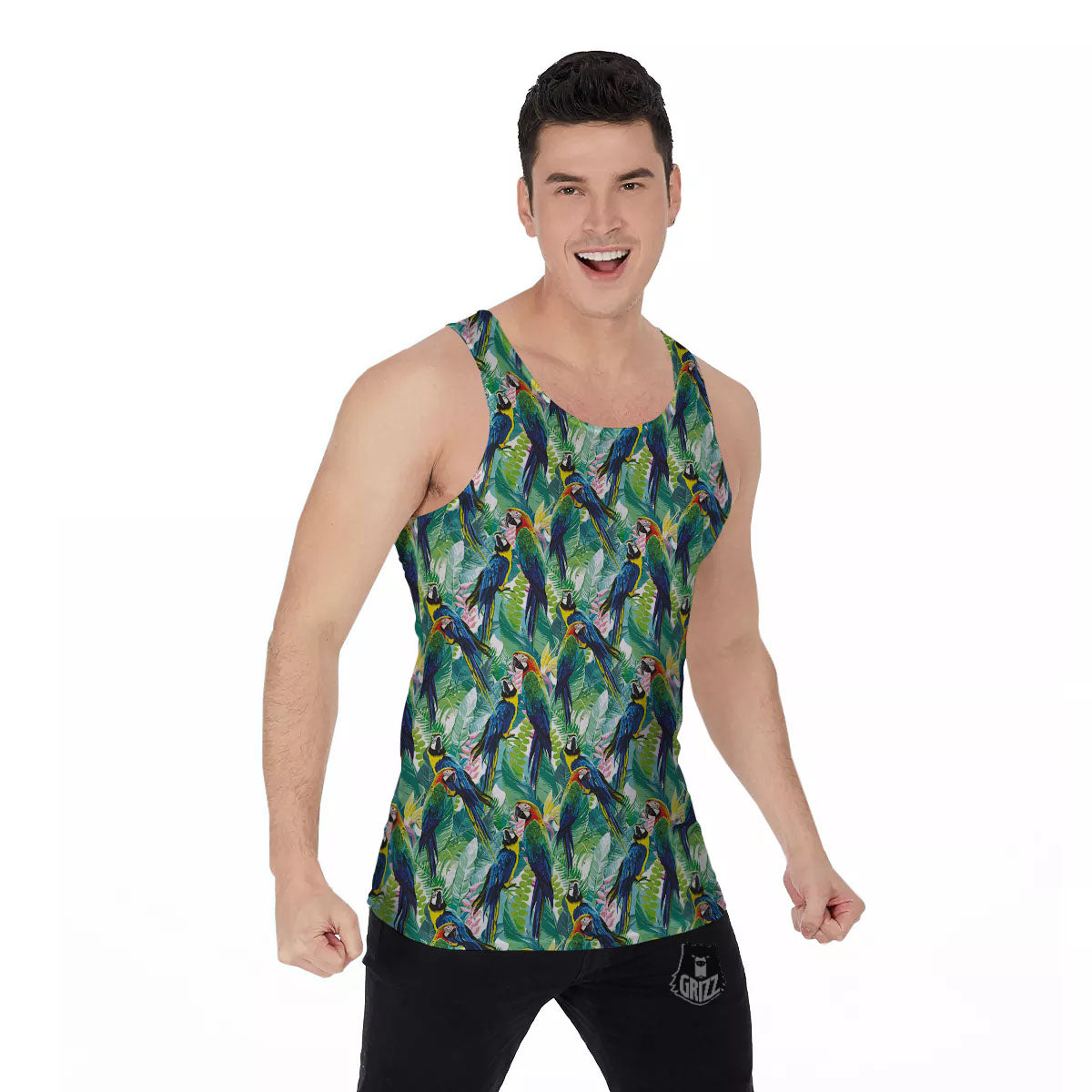 Flower And Parrot Print Pattern Men's Tank Top-grizzshop