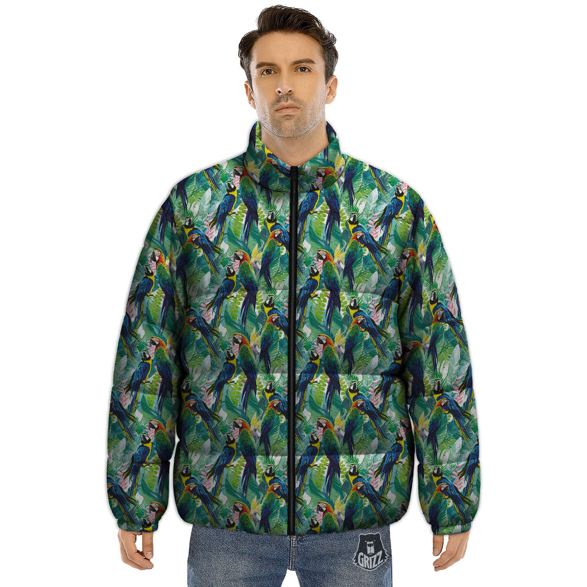 Flower And Parrot Print Pattern Puffer Jacket-grizzshop