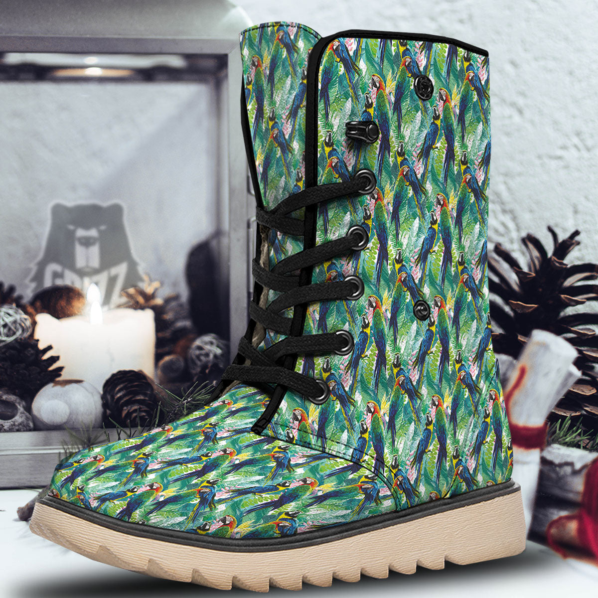 Flower And Parrot Print Pattern Snow Boots-grizzshop