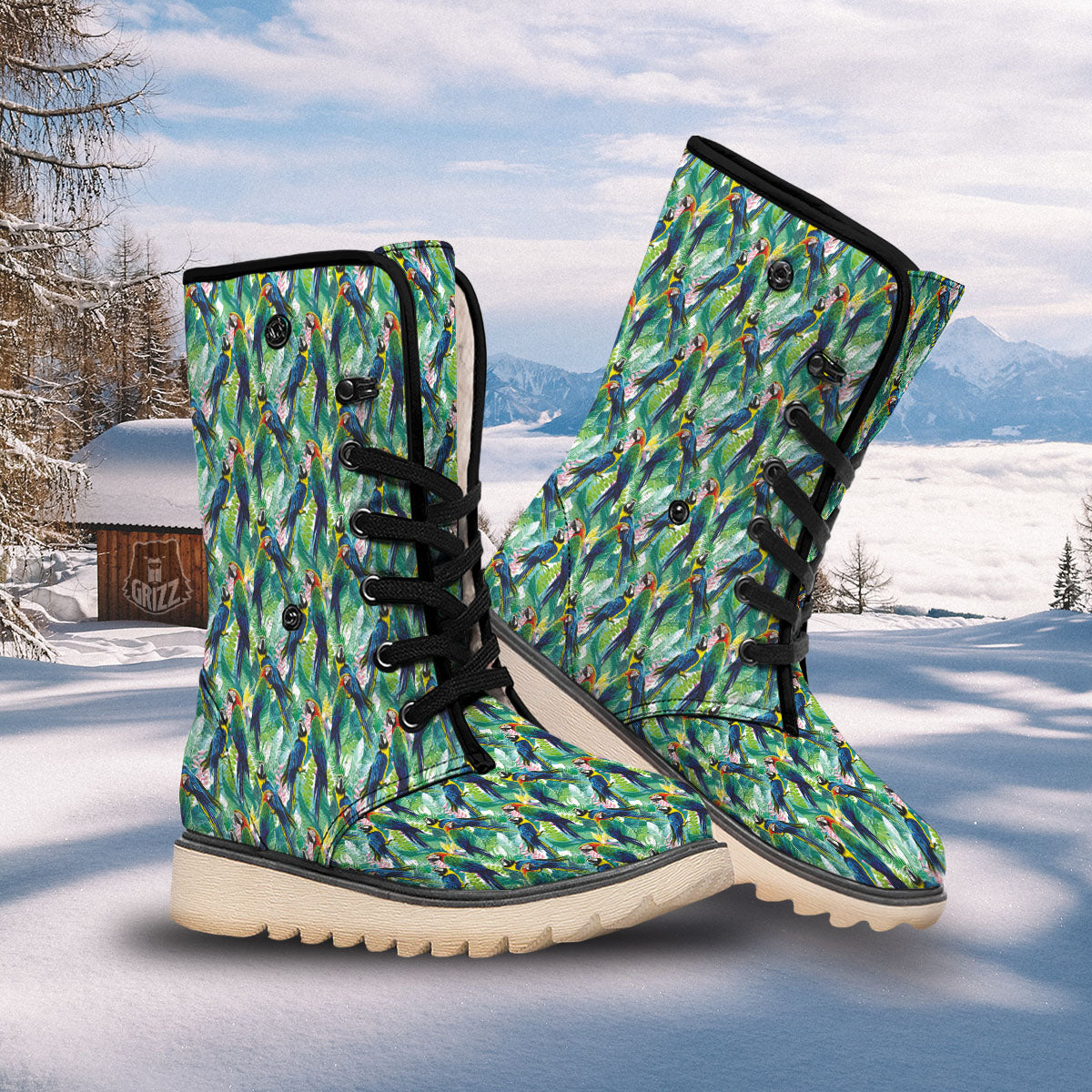 Flower And Parrot Print Pattern Snow Boots-grizzshop